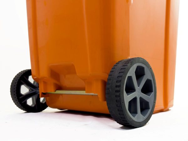 240L Wheelie Bin Suppliers Unica Plastics   240 Litre Wheelie Bin Orange Wheels 600x450 